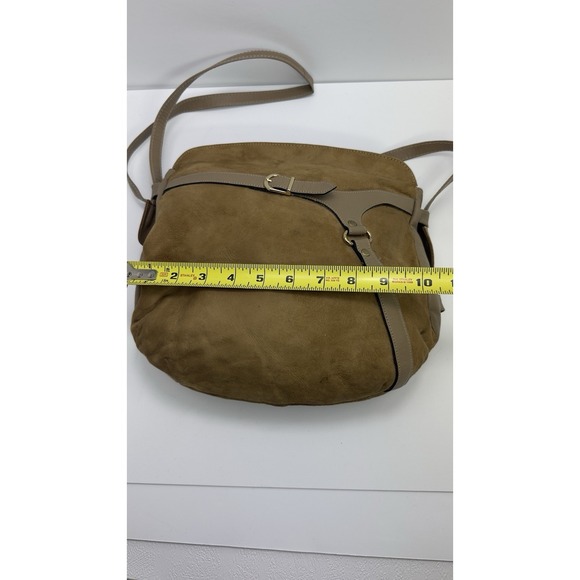 Vtg Dimensions Suede Boho Shoulder Bag Brown Leather Trim Minimalist 80s 90s USA - Picture 7 of 13